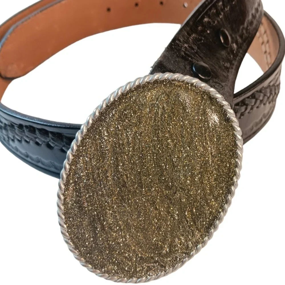 Black Leather Belt Woven Detail Scallop Design Gold Silver Sparkle Buckle